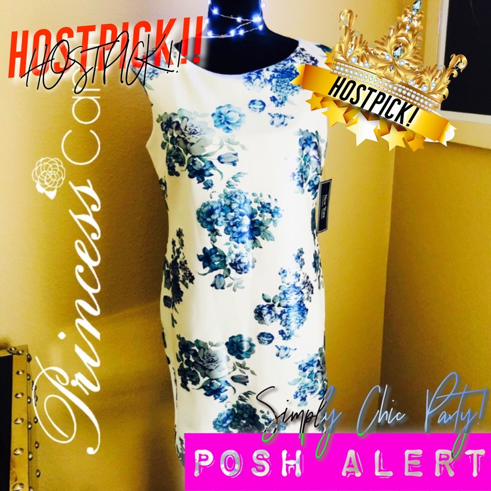 🌼NY Clothing White Blue Foil Floral Sheath Dress